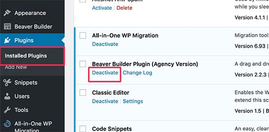 Deactivate a WordPress plugin