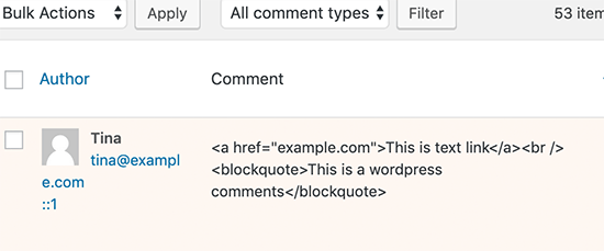 dezactivați HTML în comentarii WordPress