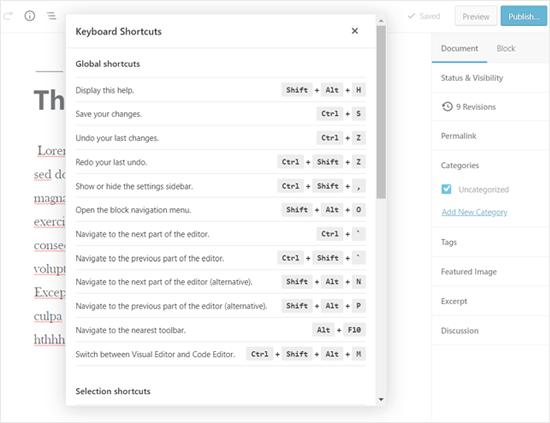 Mostrar la opción Atajos de teclado de WordPress