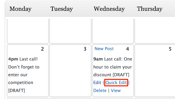 The 'Quick Edit' link to the editorial calendar