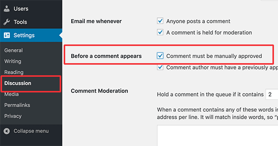 Enable comment moderation in WordPress