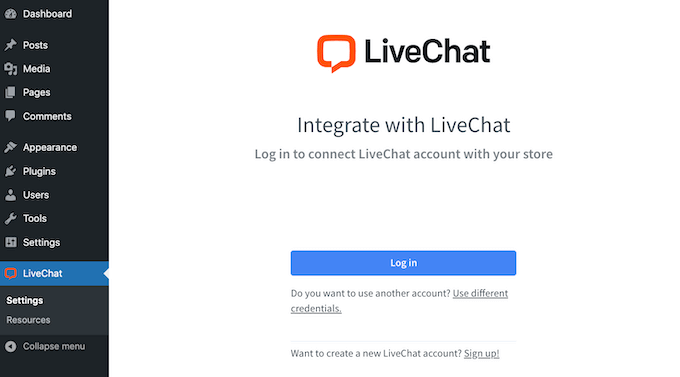 Logging into the LiveChat account in a WordPress dashboard