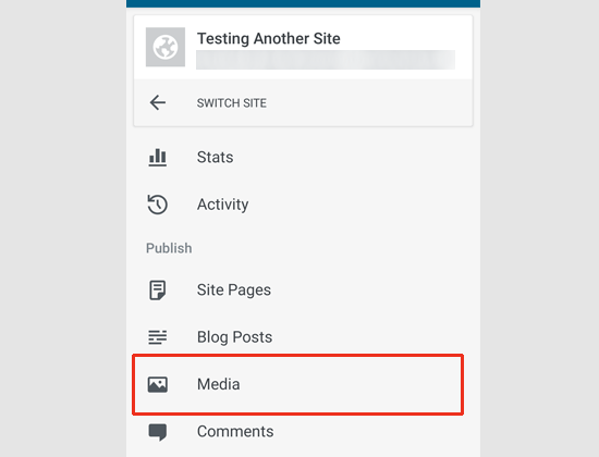 Media menu in WordPress app