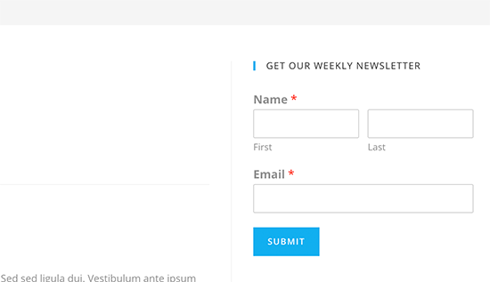 Newsletter sign up form displayed in the sidebar