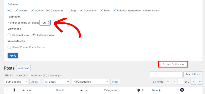 Customizing pagination in Screen Options Customizing pagination in Screen Options