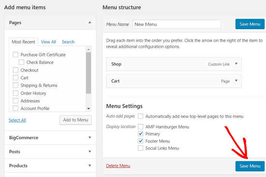 Salve seu menu WordPress