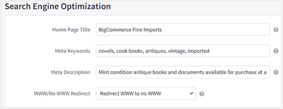 SEO metadata in WooCommerce SEO metadata in BigCommerce