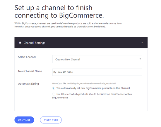 Configura un canale per il sito WordPress in BigCommerce