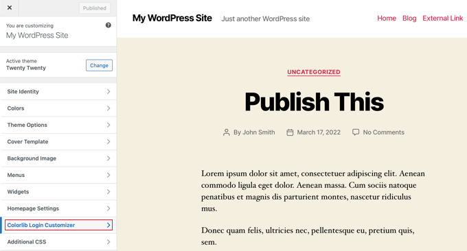 The Colorlib Login Customizer Plugin Adds a New Item to the Theme Customizer