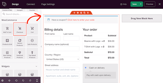 WooCommerce checkout block in SeedProd WooCommerce checkout block in SeedProd