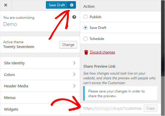 WordPress Customizer Save Draft option