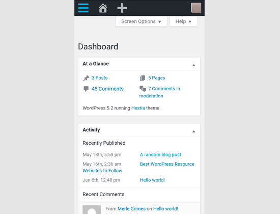 WordPress admin area on mobile browser