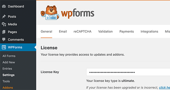 Ajouter une clé de licence WPForms