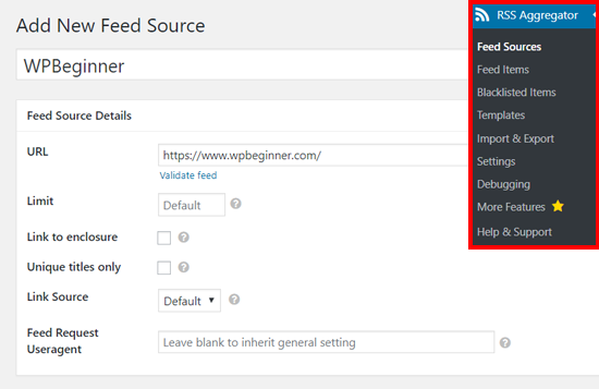 Add New Feed Source in WP RSS Aggregator