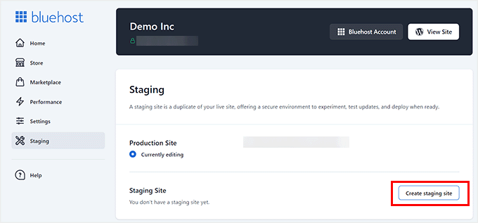 Click create staging site button