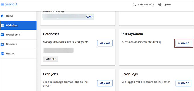 单击 phpMyAdmin 选项旁边的管理按钮