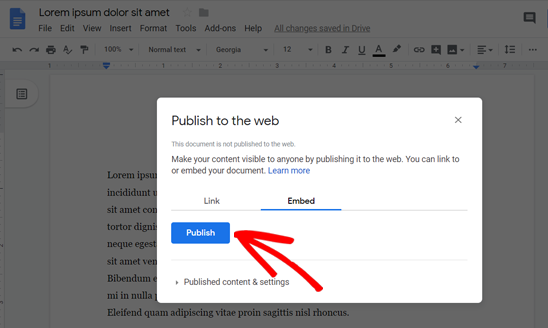 Click Publish to Find the Embed Code for Google Doc