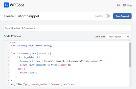 粘贴代码并选择 PHP Snippet 作为代码类型