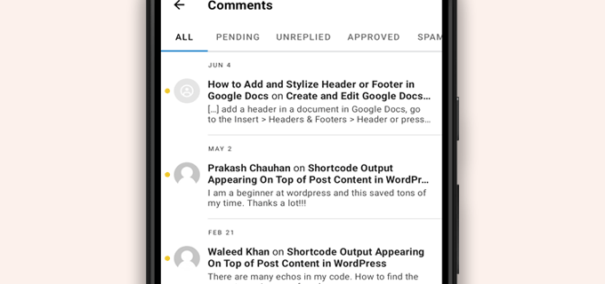 Comments list in WordPress app
