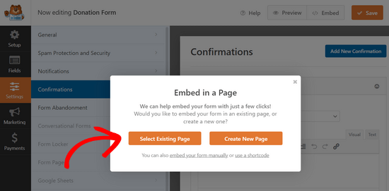 Select an existing page to embed your form