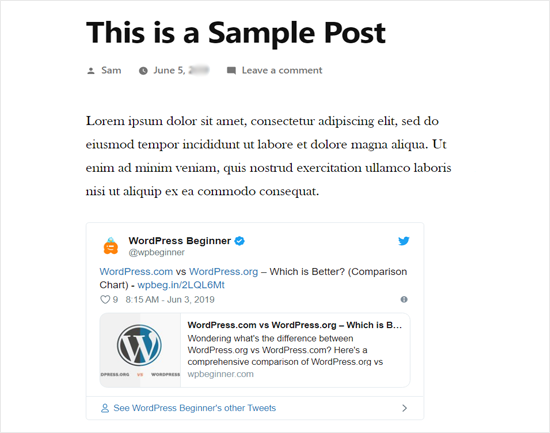 Actual Tweet Embedded in WordPress Blog Post Preview