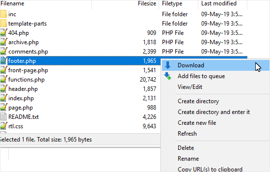 Downloading the footer.php file in WordPress