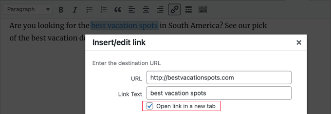Open link in new tab using the classic editor