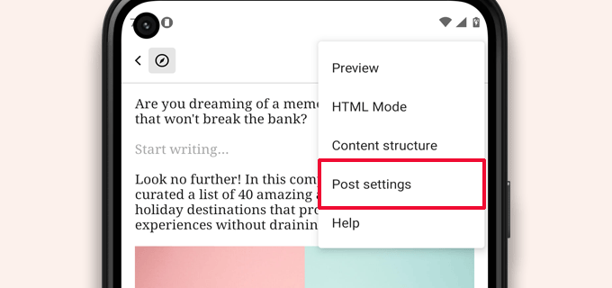Post settings in WordPress mobile