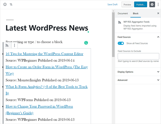 WordPress 页面中添加了 RSS 新闻提要