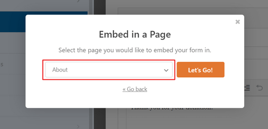 Choose the page you want to embed the donation form on