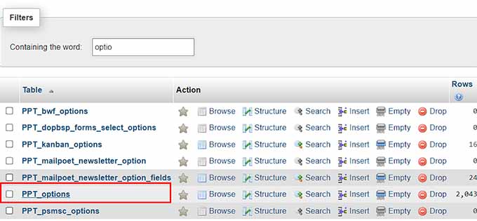 Select wp_options from the list of tables