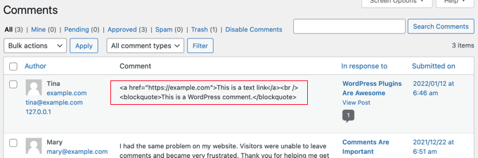 通过禁用 HTML 来阻止评论中的链接