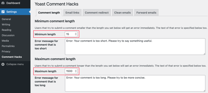 O plug-in Yoast Comment Hack pode definir os comprimentos mínimo e máximo permitidos para os comentários