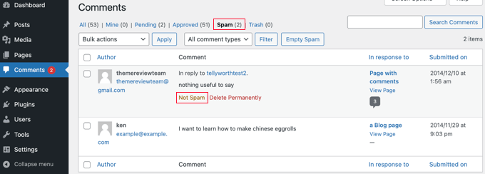 Move Comments Out of the Spam List by Clicking Not Spam