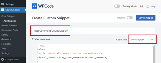 Creating a custom code to display the total comment count using WPCode