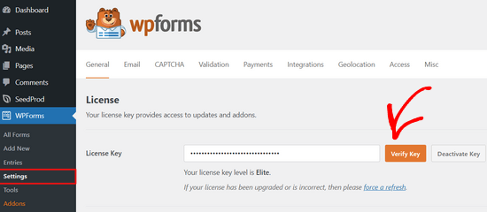 添加 WPForms 许可证密钥
