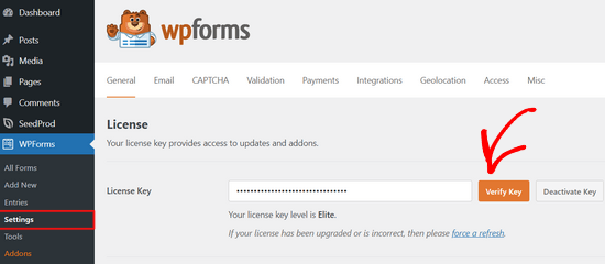 Add WPForms license key