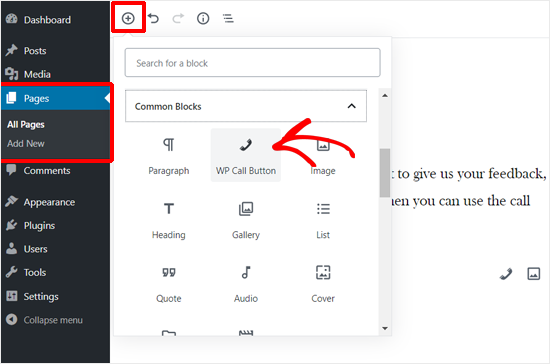 Adding WP Call Button Block in WordPress