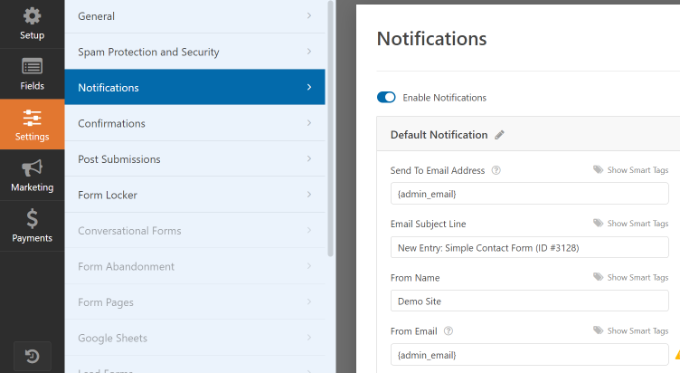 AMP form notification settings