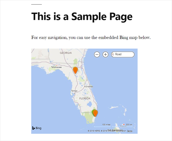 Bing Map Embedded in WordPress using a Plugin