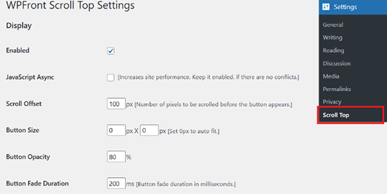 Edit the plugin settings for adding the scroll to top effect