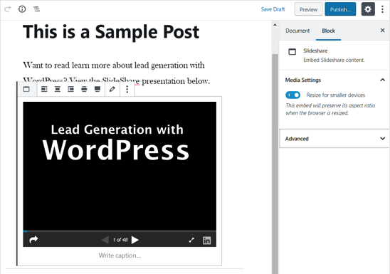 SlideShare Presentation Added in WordPress Editor