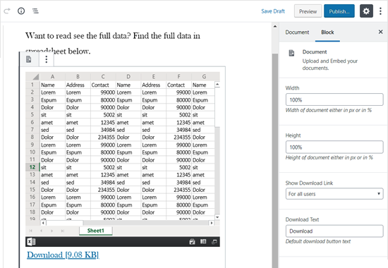 Spreadsheet Embedded in WordPress Editor