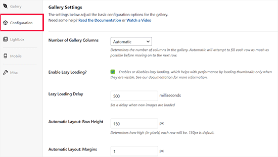 Edit gallery configuration settings