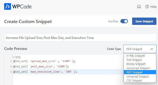 Increase file upload size with WPCode snippet