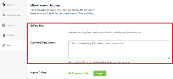 Miscellaneous gallery settings