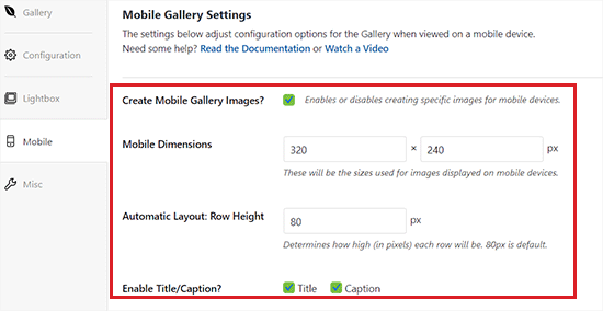 Configure settings for gallery