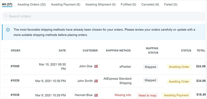 Order fulfillment in AliDropship