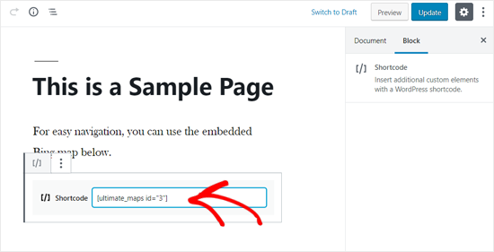 Paste BIng Map Embed Shortcode in WordPress Page Editor