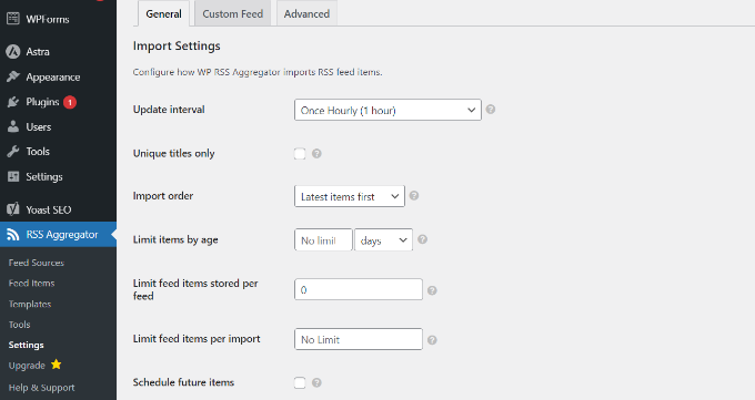 RSS aggregator settings
